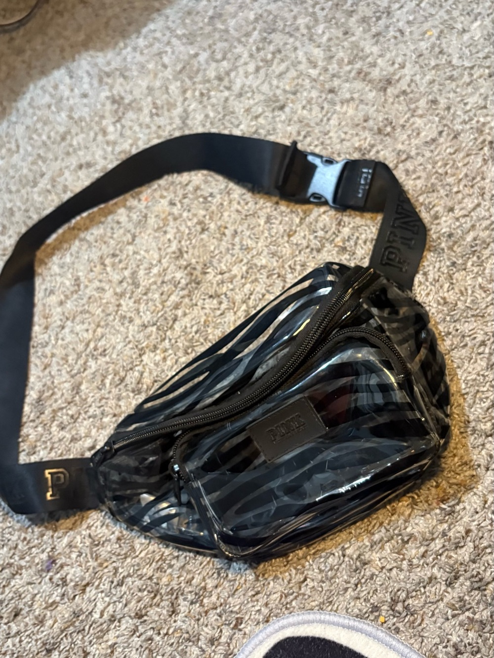 PINK Victoria's Secret Black Clear Zebra-Print Belt Bag
